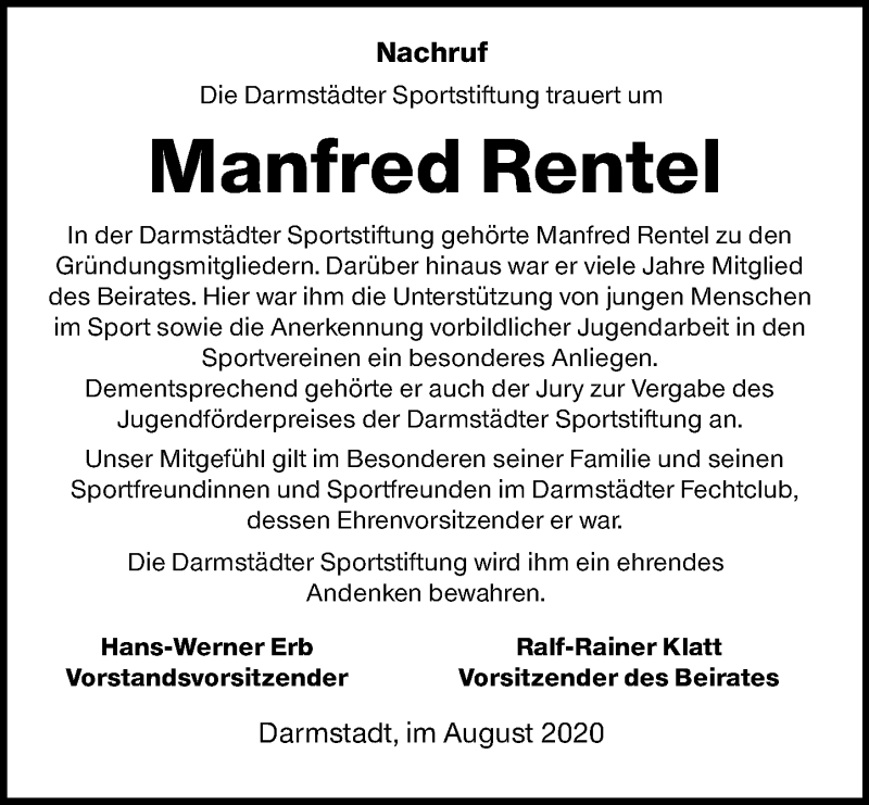  Traueranzeige für Manfred Rentel vom 08.08.2020 aus vrm-trauer