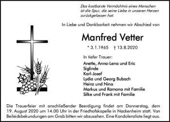Traueranzeige von Manfred Vetter von vrm-trauer