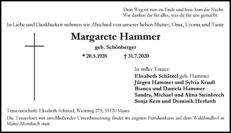 Traueranzeige für Margarete Hammer vom 08.08.2020 aus vrm-trauer