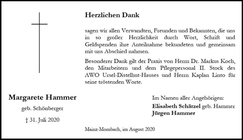  Traueranzeige für Margarete Hammer vom 22.08.2020 aus vrm-trauer