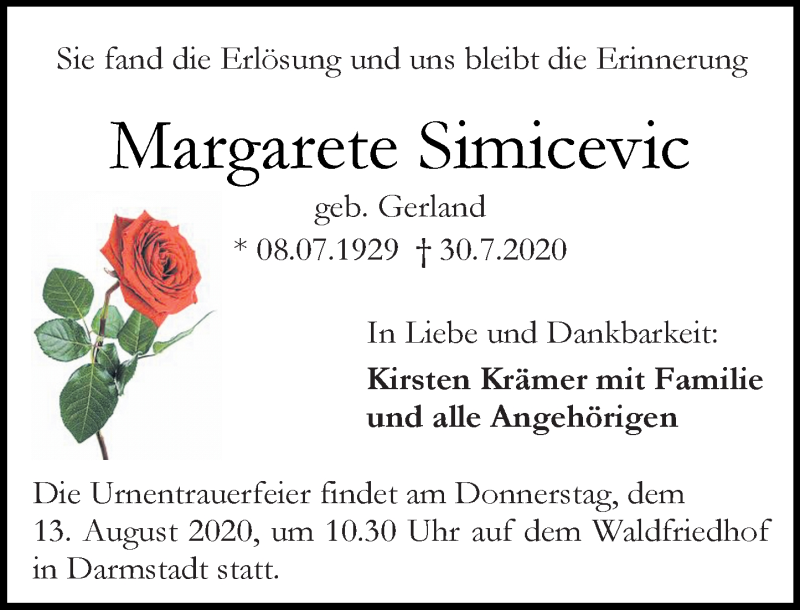  Traueranzeige für Margarete Simicevic vom 08.08.2020 aus vrm-trauer