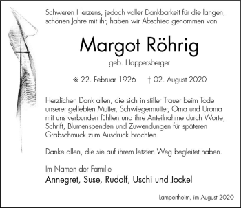 Traueranzeige von Margot Röhrig von vrm-trauer