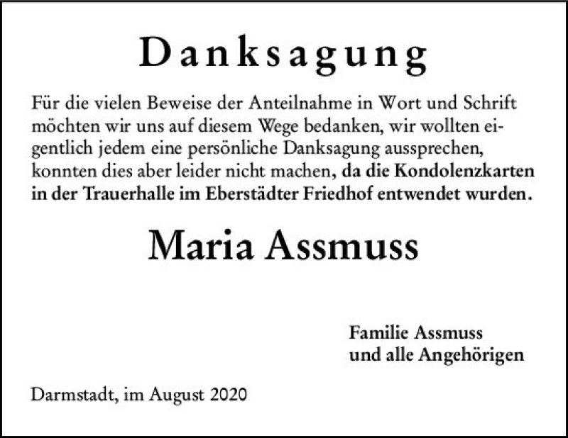  Traueranzeige für Maria Assmuss vom 22.08.2020 aus vrm-trauer