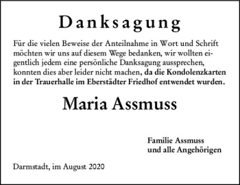 Traueranzeige von Maria Assmuss von vrm-trauer