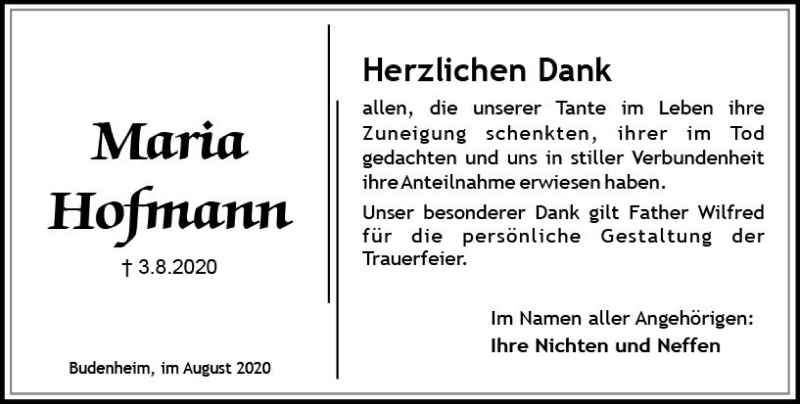  Traueranzeige für Maria Hofmann vom 29.08.2020 aus vrm-trauer
