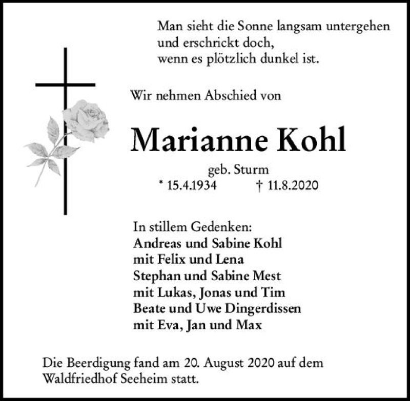 Traueranzeige für Marianne Kohl vom 22.08.2020 aus vrm-trauer