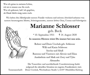 Traueranzeige von Marianne Schlosser von vrm-trauer