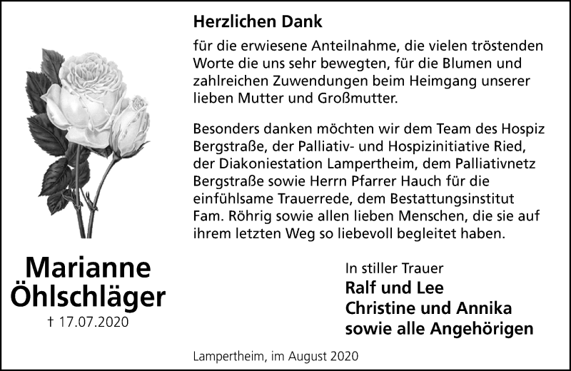  Traueranzeige für Marianne Öhlschläger vom 08.08.2020 aus vrm-trauer