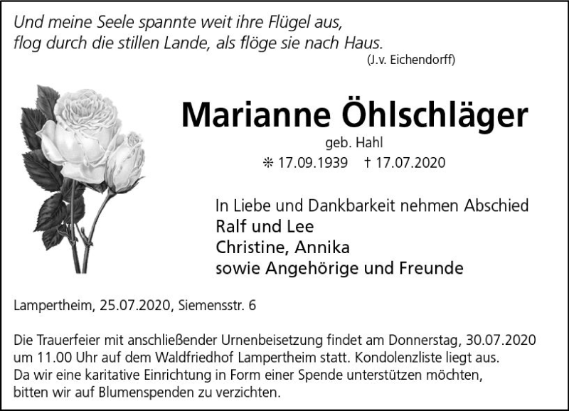  Traueranzeige für Marianne Öhlschläger vom 25.07.2020 aus vrm-trauer
