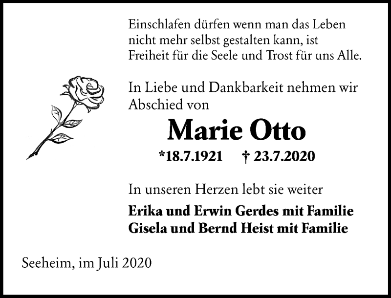  Traueranzeige für Marie Otto vom 08.08.2020 aus vrm-trauer