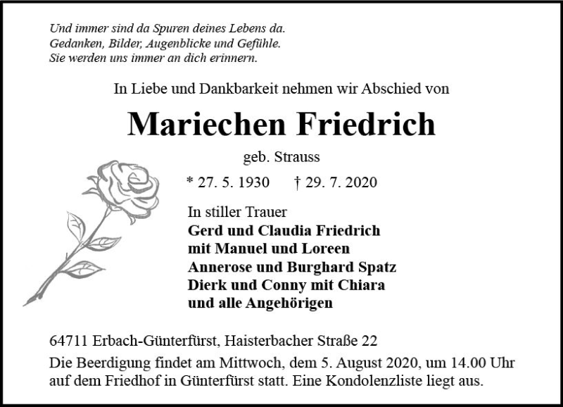  Traueranzeige für Mariechen Friedrich vom 03.08.2020 aus vrm-trauer