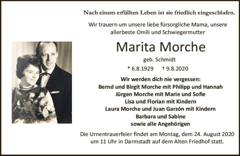  Traueranzeige für Marita Morche vom 15.08.2020 aus vrm-trauer
