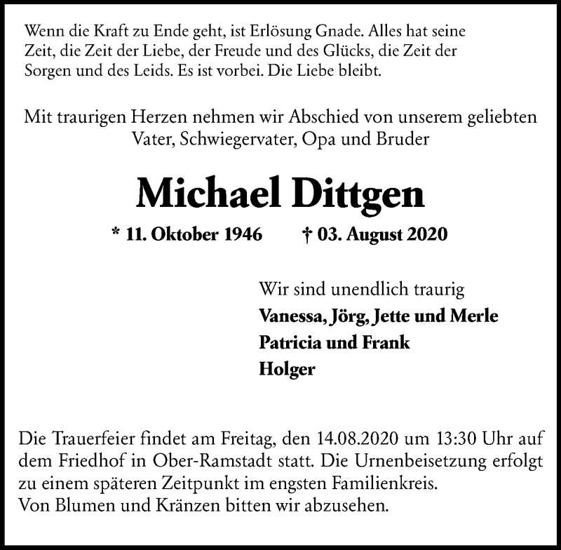  Traueranzeige für Michael Dittgen vom 08.08.2020 aus vrm-trauer