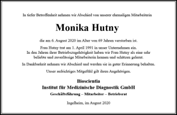 Traueranzeige von Monika Hutny von vrm-trauer