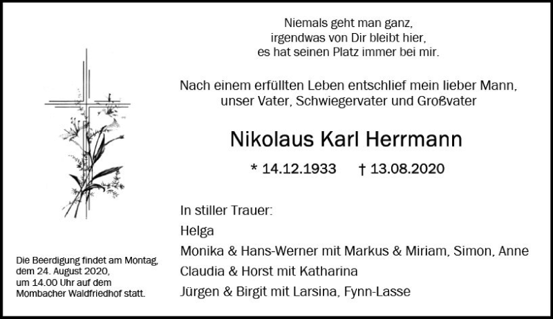  Traueranzeige für Nikolaus Karl Herrmann vom 18.08.2020 aus vrm-trauer