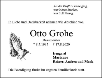 Traueranzeige von Otto Grohe von vrm-trauer