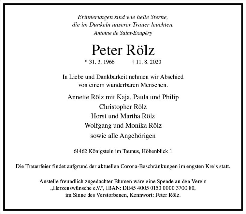  Traueranzeige für Peter Rölz vom 29.08.2020 aus vrm-trauer