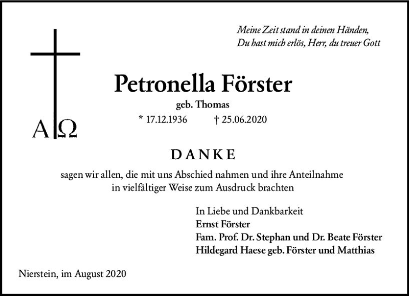  Traueranzeige für Petronella Förster vom 15.08.2020 aus vrm-trauer