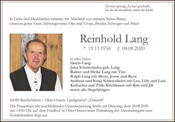 Traueranzeige von Reinhold Lang von vrm-trauer
