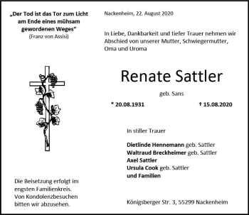 Traueranzeige von Renate Sattler von vrm-trauer