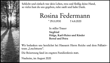 Traueranzeige von Rosina Federmann von vrm-trauer