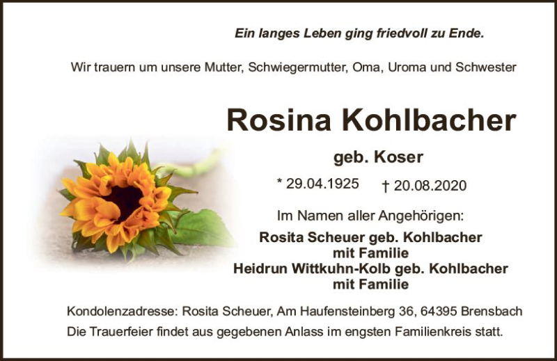  Traueranzeige für Rosina Kohlbacher vom 29.08.2020 aus vrm-trauer