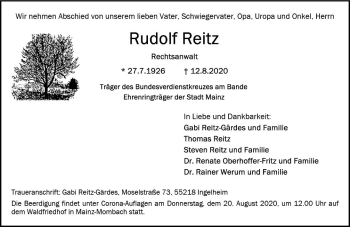Traueranzeige von Rudolf Reitz von vrm-trauer
