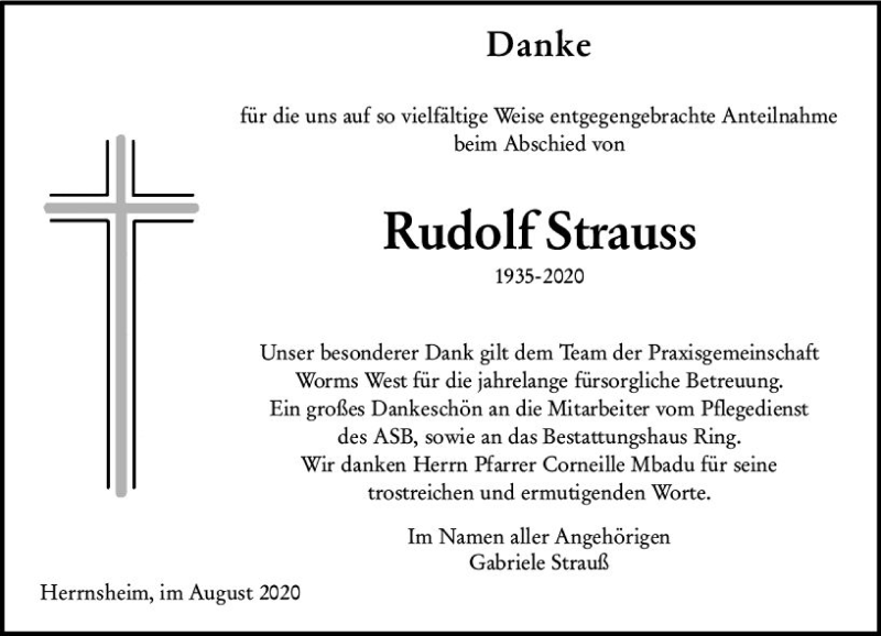  Traueranzeige für Rudolf Strauss vom 15.08.2020 aus vrm-trauer