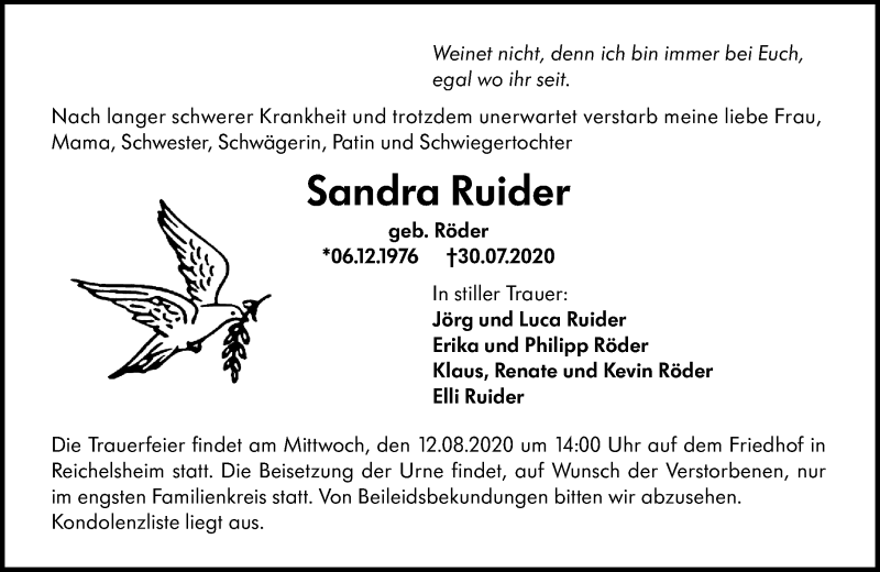  Traueranzeige für Sandra Ruider vom 08.08.2020 aus vrm-trauer