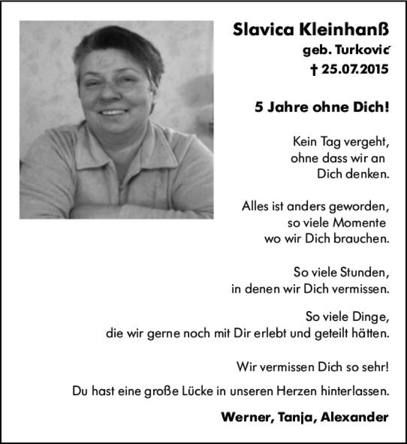  Traueranzeige für Slavica Kleinhanß vom 25.07.2020 aus vrm-trauer
