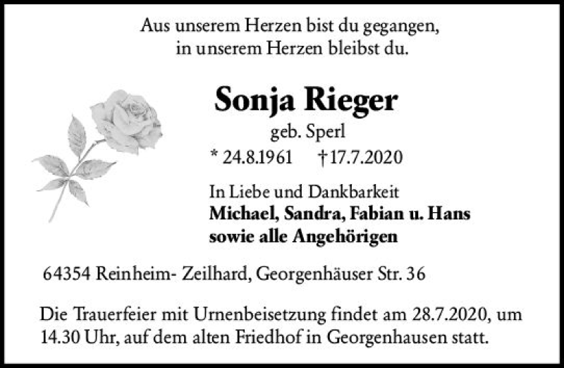  Traueranzeige für Sonja Rieger vom 25.07.2020 aus vrm-trauer