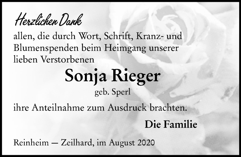  Traueranzeige für Sonja Rieger vom 08.08.2020 aus vrm-trauer