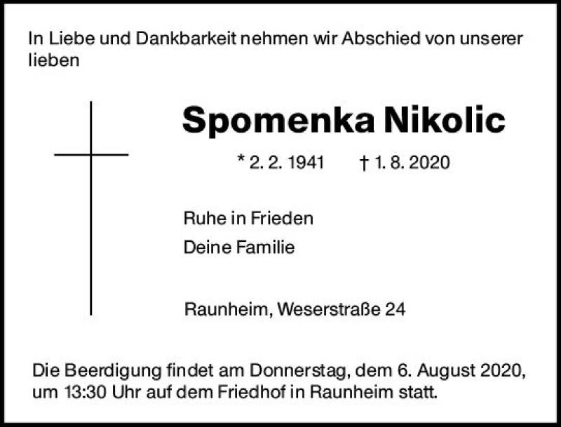  Traueranzeige für Spomenka Nikolic vom 04.08.2020 aus vrm-trauer