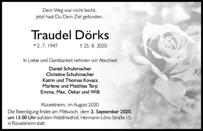  Traueranzeige für Traudel Dörks vom 29.08.2020 aus vrm-trauer