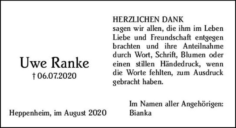  Traueranzeige für Uwe Ranke vom 22.08.2020 aus vrm-trauer