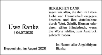 Traueranzeige von Uwe Ranke von vrm-trauer