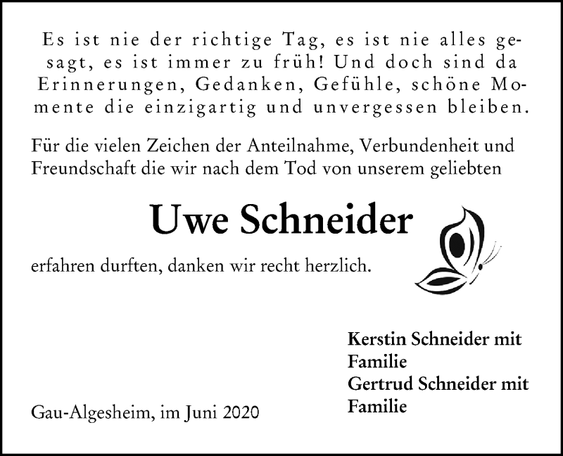  Traueranzeige für Uwe Schneider vom 08.08.2020 aus vrm-trauer