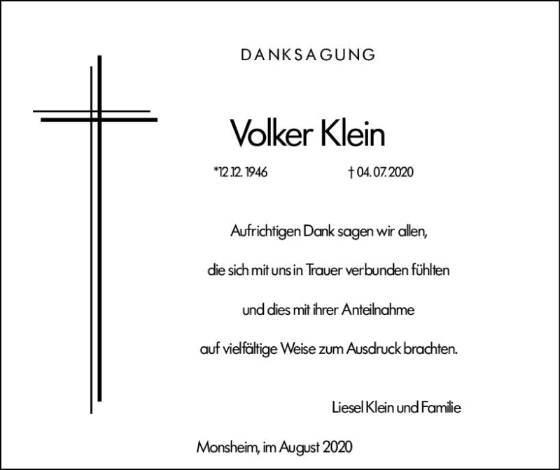  Traueranzeige für Volker Klein vom 04.08.2020 aus vrm-trauer