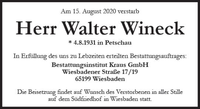  Traueranzeige für Walter Wineck vom 22.08.2020 aus vrm-trauer