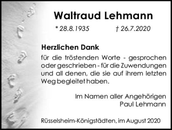 Traueranzeige von Waltraud Lehmann von vrm-trauer