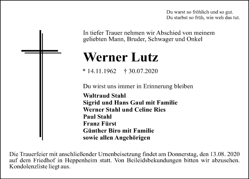  Traueranzeige für Werner Lutz vom 08.08.2020 aus vrm-trauer