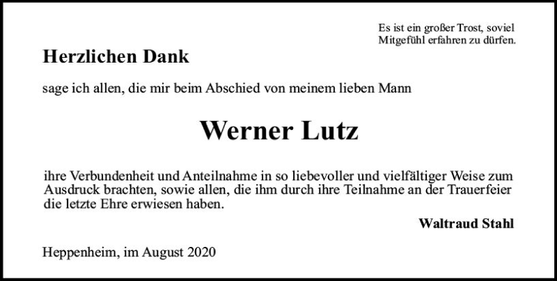  Traueranzeige für Werner Lutz vom 22.08.2020 aus vrm-trauer