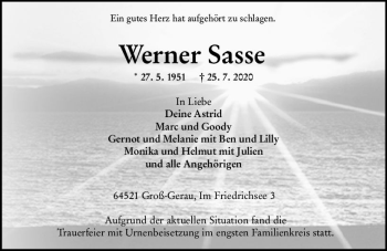 Traueranzeige von Werner Sasse von vrm-trauer