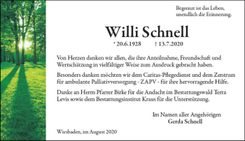 Traueranzeige von Willi Schnell von vrm-trauer