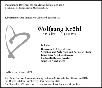 Traueranzeige von Wolfgang Kröhl von vrm-trauer