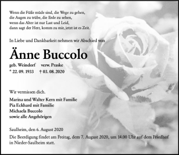Traueranzeige von Änne Buccolo von vrm-trauer