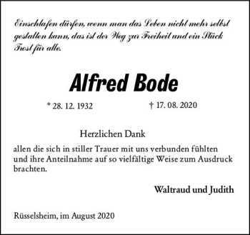 Traueranzeige von Alfred Bode von vrm-trauer