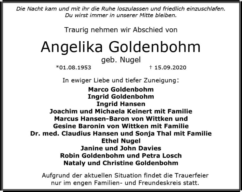  Traueranzeige für Angelika Goldenbohm vom 26.09.2020 aus vrm-trauer