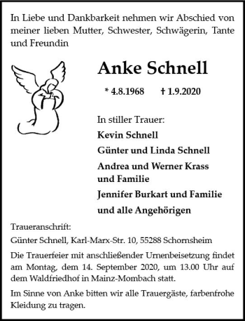 Traueranzeige von Anke Schnell von vrm-trauer