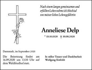 Traueranzeige von Anneliese Delp von vrm-trauer
